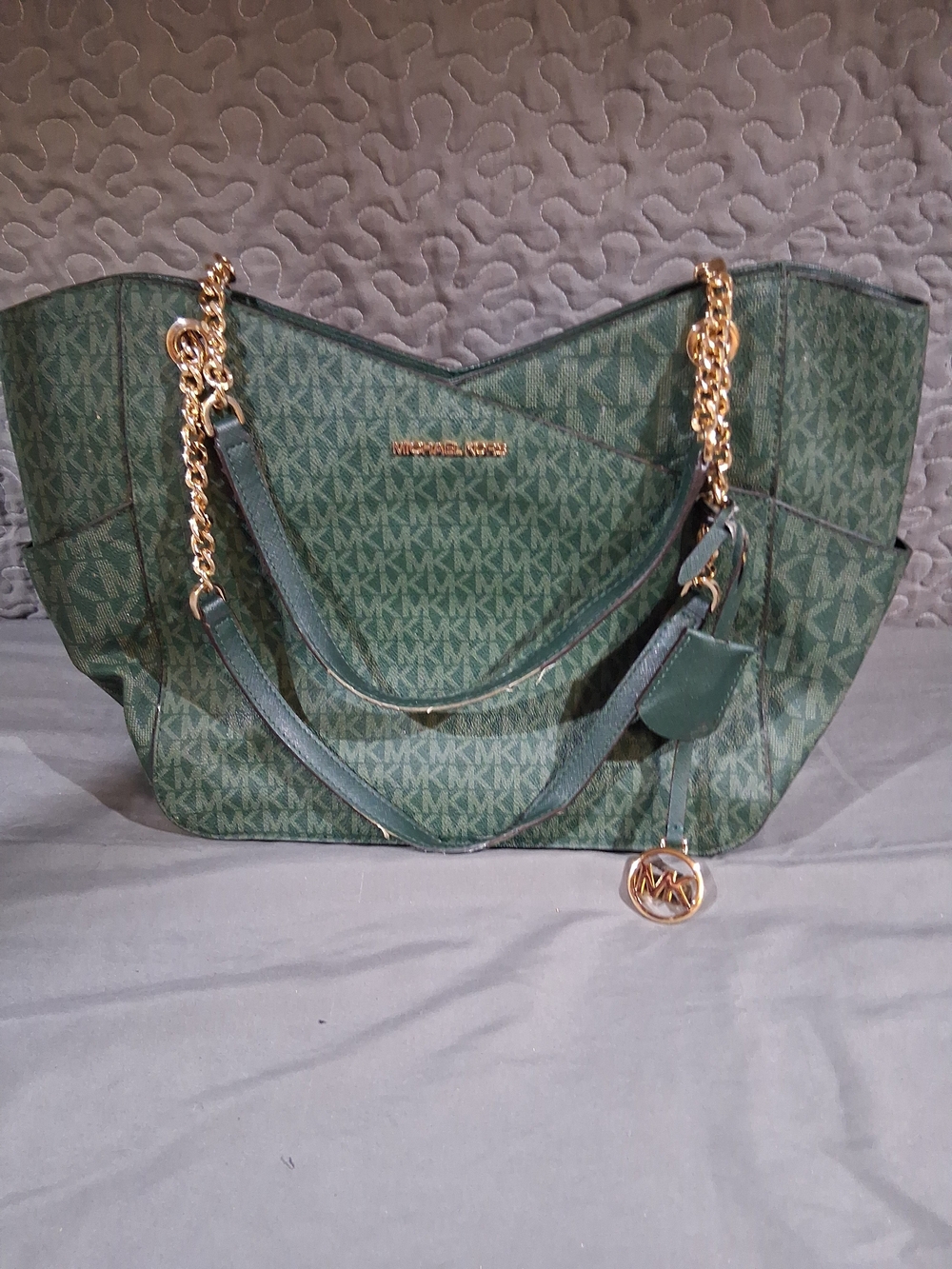Michael Kors Green Logo Tote Bag with Gold Chain Accents